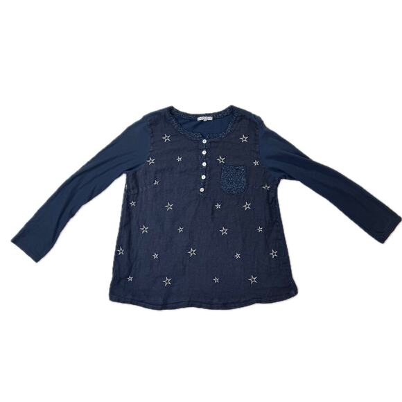 Tempo Paris Navy Star Cotton Linen Blend Blouse Women's Medium Celestial Boho - Picture 11 of 13